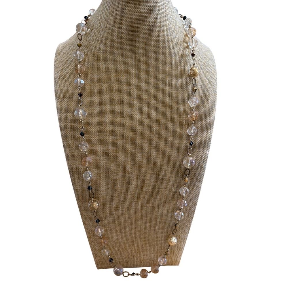 Long Faceted Glass Station Necklace Gold‎ Tone Amber Tone Clear Beaded  Layering